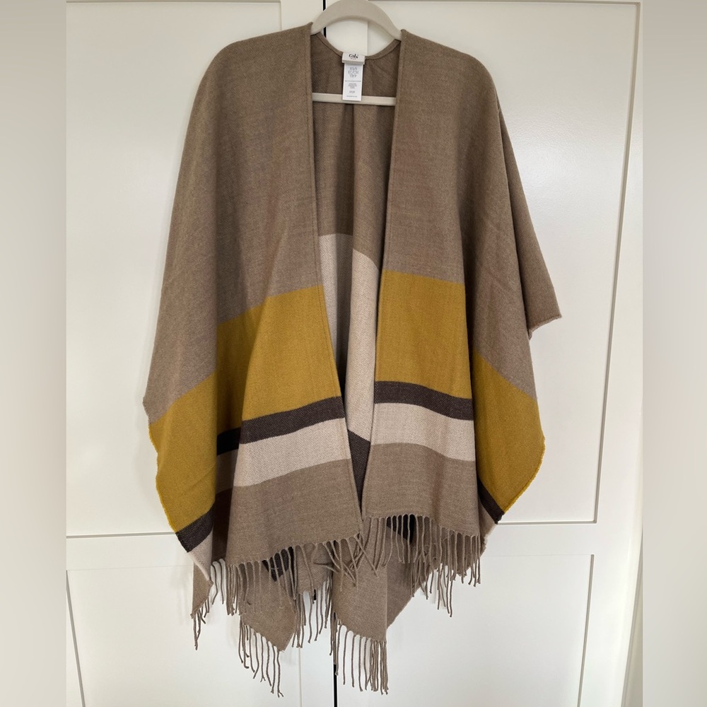 CAbi Knit Fringe Poncho Blanket Wrap Mustard Taupe - Picture 3 of 11